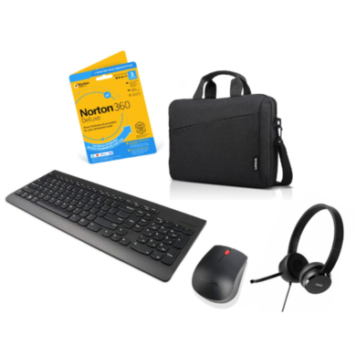 Lenovo Wireless Keyboard and Mouse Combo with Lenovo T210 15.6 Inch Topload Carry Laptop Bag and Lenovo 100 Double Sided On-ear Stereo USB Microphone Headset with Norton 360 Deluxe Internet Security